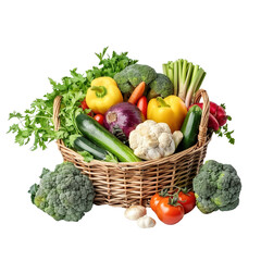 pile of various types of vegetables in basket, isolated on transparent background