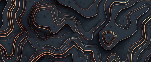 Topographic map pattern background vector illustration with topographical lines, golden outline and dark gray color on a black background
