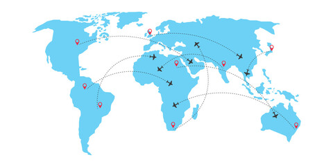 Naklejka premium Air plane flight routes with red pin point and dash line trace. Dashed path on world map background. 
