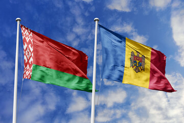 3d illustration. Belarus and Moldova Flag waving in sky. High detailed waving flag. 3D render. Waving in sky. Flags fluttered in the cloudy sky.