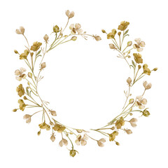 Circle frame of beige wild flowers isolated on white. Monochrome floral frame in watercolor sepia color. Abstract flowers hand drawn in brown. Design of branding, package, wedding card