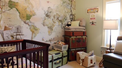 Cozy travel-themed nursery with world map mural, vintage suitcases, and soft toys, creating a whimsical and adventurous ambiance.