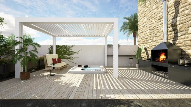 3D illustration of modern urban patio with white bioclimatic pergola. Barbecue and white pallet couch next to hot whirlpool tub. Horizontal truck shot.