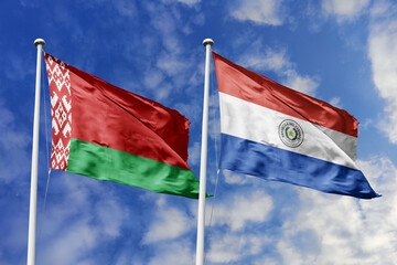 3d illustration. Belarus and Paraguay Flag waving in sky. High detailed waving flag. 3D render. Waving in sky. Flags fluttered in the cloudy sky.