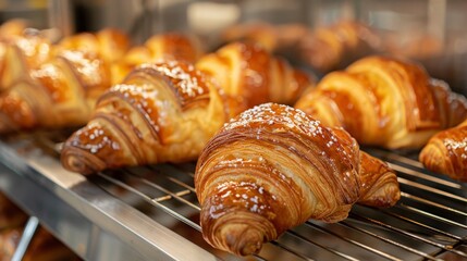 fresh baked croissants, freshly baked croissants on a cooling rack make a delightful bakery display, tempting anyone with their warm aroma and inviting appearance