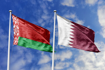 3d illustration. Belarus and Qatar Flag waving in sky. High detailed waving flag. 3D render. Waving in sky. Flags fluttered in the cloudy sky.