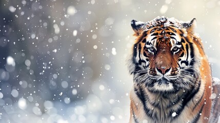 Tiger, cold winter in taiga, Russia. Snow flakes with wild Amur cat. Generative Ai