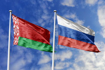 3d illustration. Belarus and Russia Flag waving in sky. High detailed waving flag. 3D render. Waving in sky. Flags fluttered in the cloudy sky.