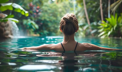 Woman in a tropical jungle swimming pool, 