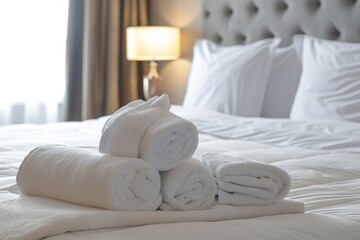 Clean, crisp white bed with neatly folded towels on the side of it, ready for use in hotel rooms.
