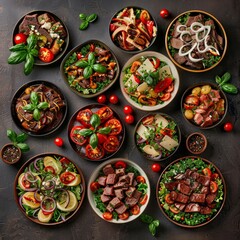 Spicy Salads Set, Salat Collection with Beef Meat and Vegetables Salats Top View, Restaurant Buffet Menu