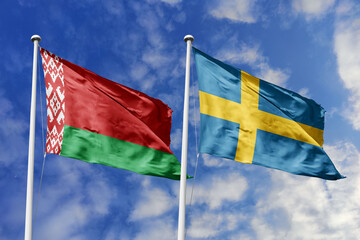 3d illustration. Belarus and Sweden Flag waving in sky. High detailed waving flag. 3D render. Waving in sky. Flags fluttered in the cloudy sky.