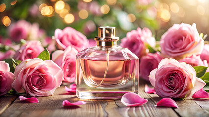 Perfume bottle close-up with delicate flowers and rose petals, product presentation.	