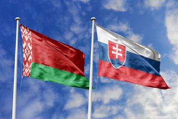 3d illustration. Belarus and Slovakia Flag waving in sky. High detailed waving flag. 3D render. Waving in sky. Flags fluttered in the cloudy sky.