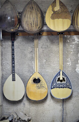 Traditional, string musical instruments. Vintage cultural background with a natural and classic...
