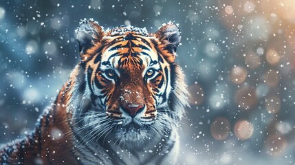 Tiger, cold winter in taiga, Russia. Snow flakes with wild Amur cat. Generative Ai