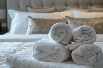 Clean, crisp white bed with neatly folded towels on the side of it, ready for use in hotel rooms.