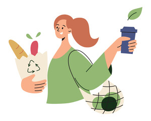 Woman use reusable bags and coffee cup, hand drawn composition with recycling icon, vector illustration of sustainable lifestyle, no plastic shopping, environment protection, zero waste and ecology