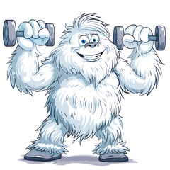 A cartoon yeti or bigfoot hairy character doing fitness with dumbbells, isolated on white background