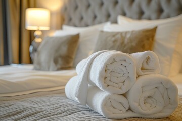 Clean, crisp white bed with neatly folded towels on the side of it, ready for use in hotel rooms.
