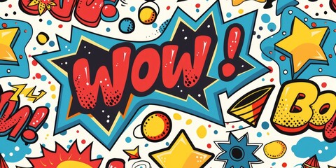 A pattern inspired by 90s pop art, featuring comic book-style graphics