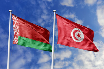 3d illustration. Belarus and Tunisia Flag waving in sky. High detailed waving flag. 3D render. Waving in sky. Flags fluttered in the cloudy sky.