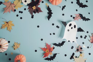 Halloween Flat Lay with Pumpkins, Bats, and Ghost on Blue