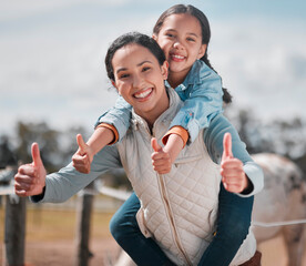 Piggyback, mother or portrait of child in ranch for support in nature for care, safety or thumbs up...