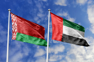3d illustration. Belarus and United Arab Emirates Flag waving in sky. High detailed waving flag. 3D render. Waving in sky. Flags fluttered in the cloudy sky.