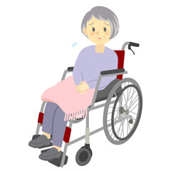 車いすに乗った困った表情のおばあさん（全身）介護、看護、デイサービス
