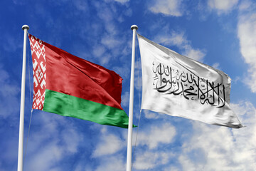 3d illustration. Belarus and Islamic Emirate of Afghanistan Flag waving in sky. High detailed waving flag. 3D render. Waving in sky. Flags fluttered in the cloudy sky.