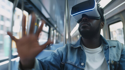 Man experiencing virtual reality on a train, hand outstretched to touch the digital world.