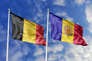 3d illustration. Belgium and Andorra Flag waving in sky. High detailed waving flag. 3D render. Waving in sky. Flags fluttered in the cloudy sky.