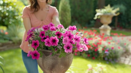 Female gardener holding rectangle planter looking to side smiling. Attractive girl holding potted violet petunias in garden.