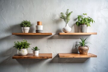 Interior design details. There are wooden shelves with potted plants on the bright wall. Scandinavian style.
