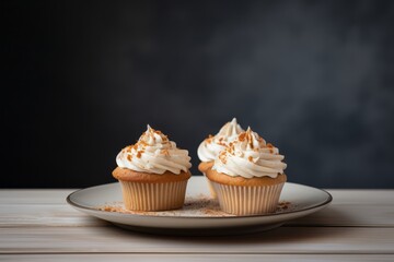 Tempting cupcakes on a rustic plate against a minimalist or empty room background