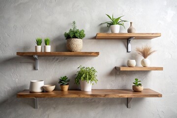 Interior design details. There are wooden shelves with potted plants on the bright wall. Scandinavian style.