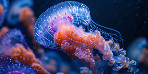 Obraz premium Close-up of a jellyfish with swirling patterns, high-resolution, high-definition (HD), ultra high-definition (UHD), professional-grade
