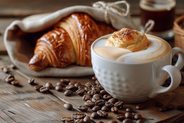 Cup of cappuccino coffee with a croissant in the background, surrounded by coffee beans and ground powder.