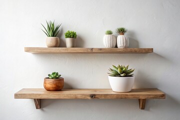 Interior design details. There are wooden shelves with potted plants on the bright wall. Scandinavian style.