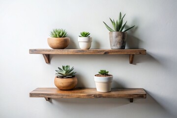 Interior design details. There are wooden shelves with potted plants on the bright wall. Scandinavian style.