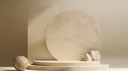 Elegant minimalist setup with a round podium and geometric shapes in a serene, soft beige color, suitable for product showcasing.