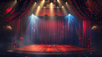 Theater stage with red curtain and steps