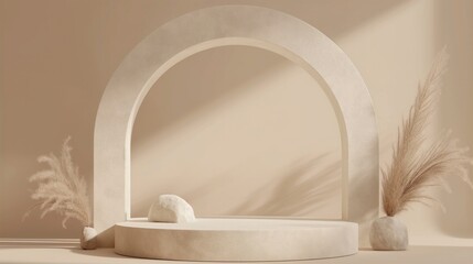 Fototapeta premium Beige minimalist arch with platform for product display. Perfect for home decor, interior design, or event decoration. 