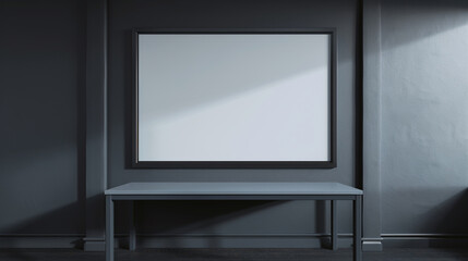 An immersive augmented reality studio with a blank frame under a grey table, deep grey wall serving as an AR projection screen.