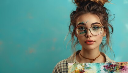 Obraz premium A young woman with glasses and a colorful face paint, holding an abstract painting, stands against a teal background with a playful expression.