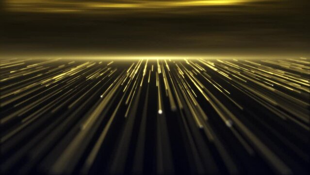 A stream of flowing golden digital fiber optic light data node particles. Communications and connectivity concept. Full HD and looping technology motion background animation.