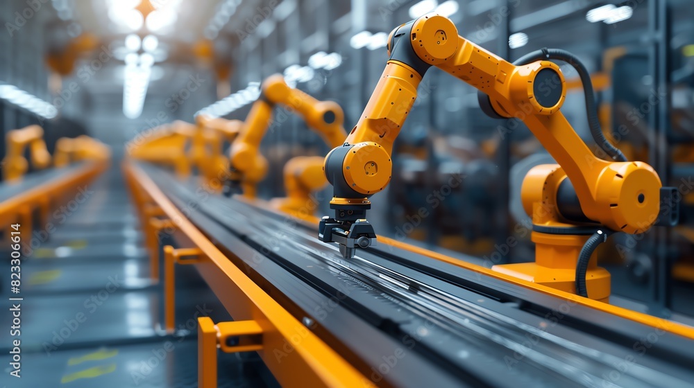 Poster industrial robots in an automated assembly line working in a modern factory. advanced technology in 