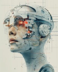 Futuristic robot head with intricate circuitry and glowing eyes, symbolizing advanced technology and artificial intelligence.
