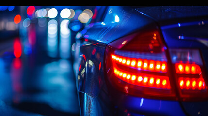 Rear view of a car with glowing brake lights on a rain-slicked street at night.